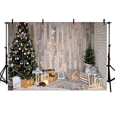 Imagem de MEHOFOND 2,4 x 1,8 m Árvore de Natal de Inverno Rústica Marrom Cenário de Parede de Madeira Rústica Presentes de Estrelas Decoração de Festa de Natal Decoração de Feriado Acessórios de Banner