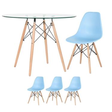 Imagem de Mesa Redonda Eames Com Tampo De Vidro 100 Cm + 3 Cadeiras Eiffel Dsw Azul Claro