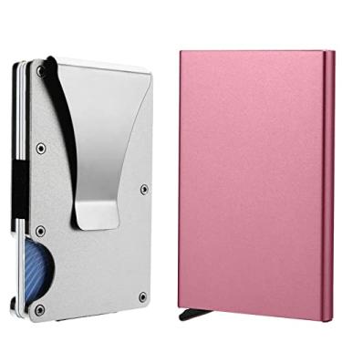 Imagem de I-sper Porta-cartão de crédito com bloqueio de RFID, carteira dobrável com porta-cartão, carteira minimalista fina com clipe de metal para dinheiro para homens e mulheres, Prata e rosa, Minimalista