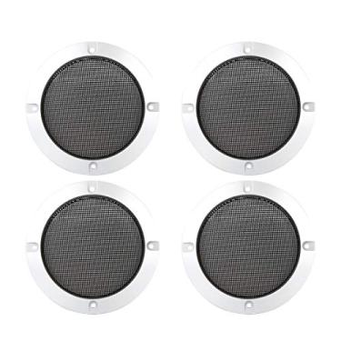 Imagem de X AUTOHAUX 4 peças 4 polegadas de metal com alto-falante de áudio brilhante capa de malha subwoofer Grill Horn Guard Decorativo Circle Grille Protector Tom de prata para carro
