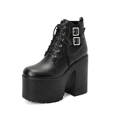Imagem de Botas femininas com cadarço no tornozelo, bloco robusto punk, salto alto gótico motociclismo, botas de combate,Black,4 UK/37 EU