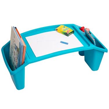 Imagem de Mind Reader Mesa de colo infantil, mesa portátil independente com bolsos laterais para colorir livros, tablets, brinquedos, leitura, lanches, plástico. Azul