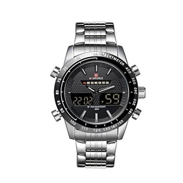 Imagem de Relógio de pulso masculino impermeável de aço inoxidável 3 ATM NAVIFORCE com relógio de pulso masculino de quartzo duplo com função de cronômetro de alarme de luz de fundo, VBW9627007645965RL