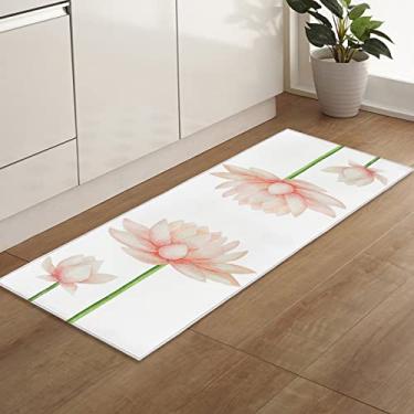 Imagem de Tapete de corredor de cozinha, flores rosa lótus aquarela fundo branco antiderrapante tapete de porta tapete para lavanderia cabeceira banheiro quarto 40 x 160 cm