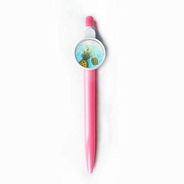 Imagem de Caneta retrátil azul com estampa de abacaxi e frutas vermelhas com ponta rollerball azul