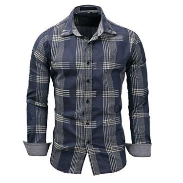 Imagem de Camisa masculina xadrez xadrez xadrez 100% algodão da WSLCN, manga comprida, xadrez Vichy, caimento justo, Dark Blue, XXL