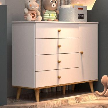 Imagem de Cômoda Infantil Retrô 4 Gavetas com Fraldário Lígia Branco Fosco com Bétula Carolina Baby