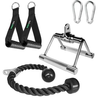 Imagem de A2ZCARE Alças de exercício resistentes – acessório premium para exercícios de mão para sistema de pulley LAT Pulldown (D. Combo V-Handle com rotação, corda de tríceps, alças de exercício e 2 ganchos
