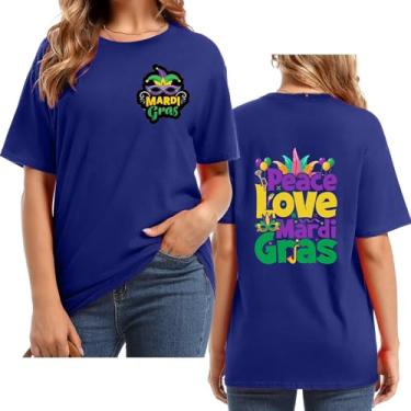 Imagem de UIFLQXX Peace Love Mardi Camiseta feminina com estampa de letras, gola redonda, manga curta, plus size, roupas casuais divertidas Carnaval, Azul, P