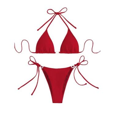 Imagem de Milumia Conjunto de biquíni feminino, 2 peças, conjunto de biquíni sexy com nó e parte superior e frente única, Vermelho, M