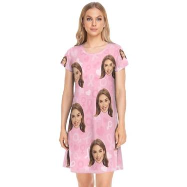 Imagem de JUNZAN Pijama feminino de algodão com fita rosa claro coração personalizado pijamas para amamentação presentes de aniversário P, Fita rosa claro, coração, personalizado, M