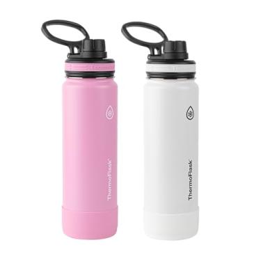Imagem de ThermoFlask Conjunto de 2 garrafas de água de aço inoxidável isoladas a vácuo de parede dupla, 680 g, morango/branco ártico