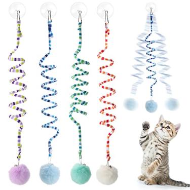Imagem de Woanger 4 peças de brinquedos de mola para gatos pendurados para porta suspensa brinquedos interativos para gatos brinquedos de bola de gato com sino cauda longa extensível brinquedo de pelúcia macio
