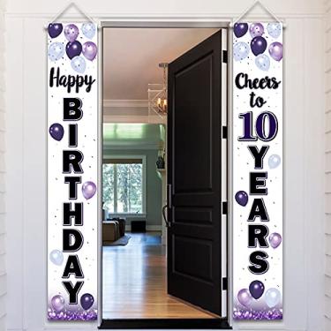 Imagem de LASKYER Banner de porta roxo feliz aniversário de 10 anos - Cheers to Ten Years Old Birthday Front Door Alpendre Sign Backdro, decorações de festa de 10º aniversário.