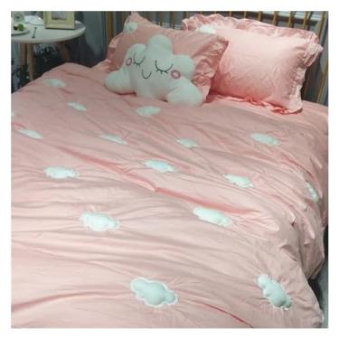 Imagem de Jogo de lençol e capa de edredom de algodão lavado, colcha, cama king, solteiro, nuvem, bordado, macio (rosa king 4 peças)