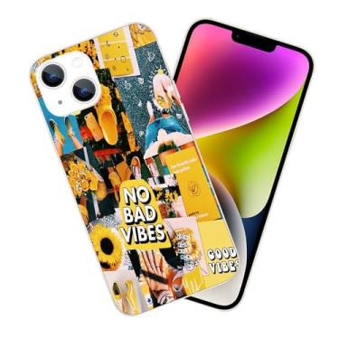 Imagem de ZHEPAITAO Capa compatível com iPhone 13 - Capa protetora transparente com colagem amarela Good Vibe com design exclusivo para mulheres e meninas à prova de choque
