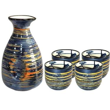 Imagem de Old Craftsmen's Conjunto de saquê japonês azul 5 peças conjunto de copos de saki japonês tradicional design pintado à mão porcelana cerâmica copos soju copos de saquê presentes (azul rico, garrafa de