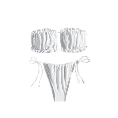 Imagem de MakeMeChic Biquíni feminino, 2 peças, bandeau, com babado recortado, amarrado, lateral, tanga, Branco, G