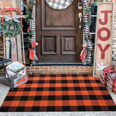 Imagem de WAYYE Buffalo Tapete xadrez para área externa, capachos laváveis para ambientes internos e externos para tapetes de porta da frente em camadas, varanda, entrada, cozinha, fazenda (xadrez laranja e