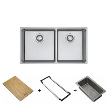 Imagem de Cuba de embutir e sobrepor em aço inox Linea Dupla 74x40 cm com acessórios