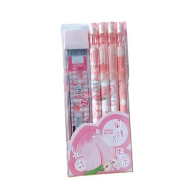 Imagem de Lápis de núcleo contínuo de desenho animado de 0,5 mm sem afiar, desenhar e escrever conjunto de caixa automática 2B de lápis pêssego (4 canetas + 1 caixa de recarga de caneta)