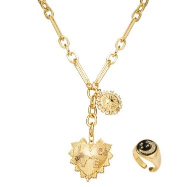 Imagem de HokitVerse Colar de corrente banhado a ouro, colar de pingente de coração e sol com anel aberto de estrela da lua, colares de gargantilha de ouro para mulher, conjunto de joias delicadas, Cobre, Sem