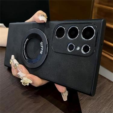 Imagem de Capa de celular com suporte magnético forte de couro de pele fosca para Samsung S24 Ultra S23 S22 S21 Plus A73 A72 A55 A54 A53 A52 A51 A32, preta, para Galaxy S22Ultra