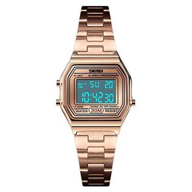 Imagem de Relógio digital feminino dourado fino de aço inoxidável, cronômetro, à prova d'água, despertador, LED, relógio esportivo, Ouro rosa, S, Cronógrafo, digital