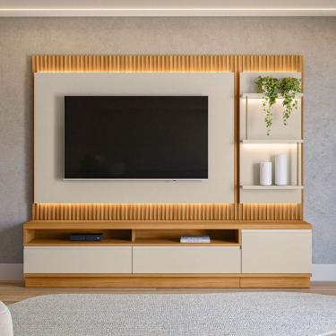 Imagem de Rack com Painel para TV Até 70 Polegadas 2 Gavetas 1 Porta Ripado com Led Off White Fosco 