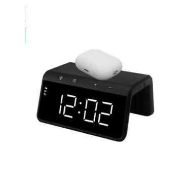 Imagem de Carregador Por Indução Usb Relógio Alarme E Abajur Cor Preto - PEI-WS0