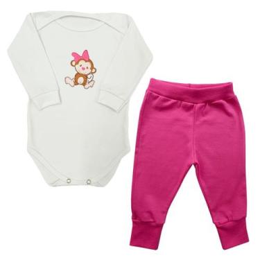 Imagem de Conjunto Body Manga Longa Bebê Macaquinha Laço Rosa + Calça - Generic,