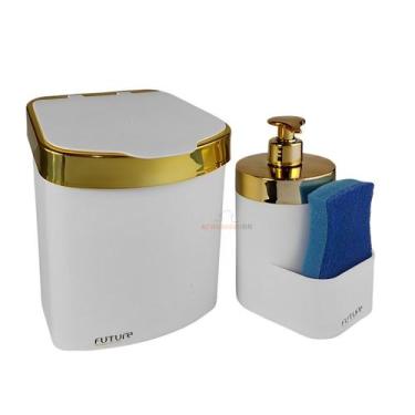 Imagem de Kit Lixeira 2,5L Dispenser Porta Detergente Líquido Esponja Para Pia C