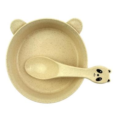 Imagem de Kit Papinha Infantil Bebês Plástico Prato + Colher Panda - Cl, Bege