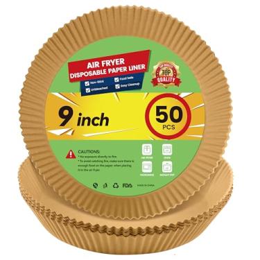 Imagem de Forros de papel descartáveis Air Fryer atualizados – 50 peças espessadas mais profundas de 22 cm para forros redondos de fritadeira a ar de 8-10 litros, papel pergaminho reversível para fritadeira a ar, assar e mais