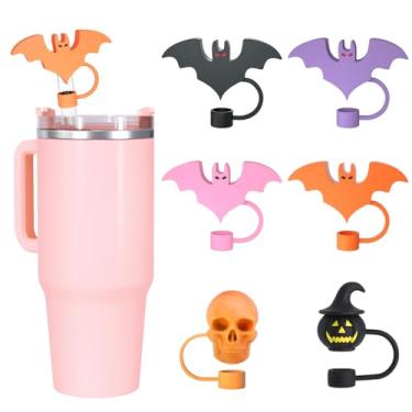 Imagem de Tampa de palha de Halloween para Stanley Cup, bonito topo de palha de silicone para Stanley Copo de 30 e 1,134 g com alça, acessórios de copo Stanley de 10 mm para canudo reutilizável (6 peças de