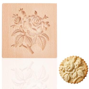 Imagem de GOMAKRER Molde de biscoito de flor de madeira esculpida 1 peça, cortador de biscoito rosa de madeira de cozinha, moldes de carimbo de prensa de biscoito floral 3D, carimbo de biscoito de gengibre para