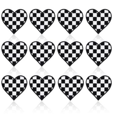 Imagem de 12 peças de adesivos de coração de ferro, bordado para dia de corrida, aplique decorativo xadrez clássico preto e branco para roupas, jaqueta, jeans, camisa, chapéus, artesanato, 6 x 6 cm