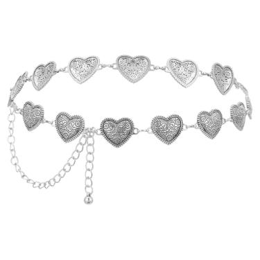 Imagem de AOZUO Cintos femininos de corrente de coração ocidental, cinto concho de metal, moderno, cowgirl, boêmio, saia country, vestido e calça jeans, Prata, 105cm/41.33in