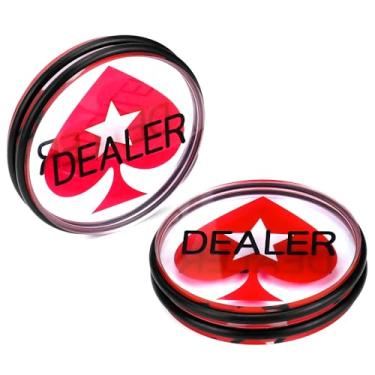 Imagem de QWORK Conjunto de botões de negociante de qualidade de cassino - 7,6 cm de diâmetro, 3/10.2 cm de espessura acrílico transparente com coração de pêssego vermelho, revendedor gravado - Resistente com