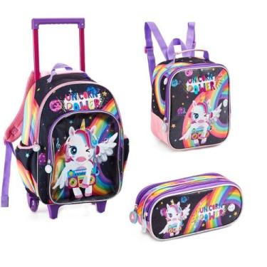 Imagem de Kit Com 3 peças Mochila Com Rodas Lancheira e Estojo Escolar Unicórnio
