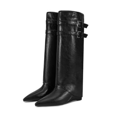 Imagem de Rock88 Botas femininas dobráveis na altura do joelho com estampa de zebra, bota de salto cunha coberta, bico amendoado largo na panturrilha pull-on salto alto para todas as estações e vida diária,