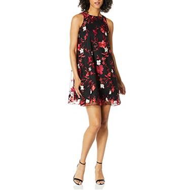 Imagem de ECI New York Vestido rodado de malha floral bordado feminino, Preto/rosa, PP