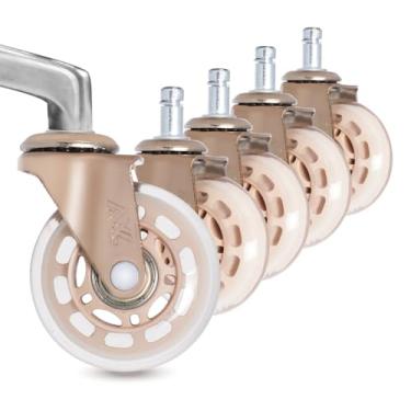 Imagem de Roda para cadeira de escritório de 6,35 cm, tapete para cadeira de jogos de computador de substituição, proteja todos os seus pisos (haste de 2,25 cm x 2,25 cm, suporte de ouro rosa, roda de material de poliuretano)