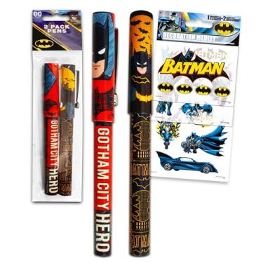 Imagem de Batman Pacote com 2 materiais escolares com 2 canetas de luxo e adesivos para crianças, adultos | Conjunto de material de escritório Batman