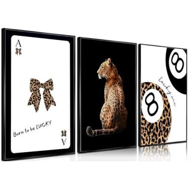 Imagem de 3 peças de arte de parede de leopardo elegante com arco de cartas de ás e cartazes impressos com estampa de guepardo Lucky 8 para decoração de parede de bola de sinuca para mulheres, quarto, sala de