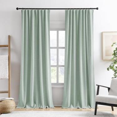 Imagem de Cortinas blecaute de linho verde claro 246 cm de comprimento para sala de estar, 2 painéis drapeados plissados com ganchos, aba traseira, decoração boho, cortinas texturizadas totalmente pretas para
