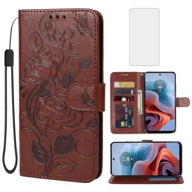 Imagem de Vavies Capa para Moto G34 5G, capa carteira para Moto G45 5G XT2363-2 com protetor de tela de vidro temperado, capa de couro floral com suporte para cartão de crédito para Motorola Moto G34 5G marrom