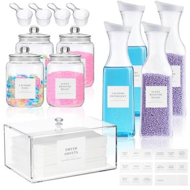 Imagem de Suclain Pacote com 9 recipientes de armazenamento para lavanderia, recipiente de vidro para secadora e recipiente de detergente com tampa, colheres e etiquetas para pó, estimulador de perfume