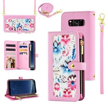Imagem de Furiet Capa carteira floral para Samsung Galaxy S8 Plus com alça de pulso, alça de ombro flip com zíper, suporte para cartão de identificação de crédito, capa de telefone para S8plus S 8 8plus 8S Edge