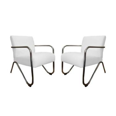 Imagem de Kit 2 Poltronas Decorativa Bela Couro Branco Braço Cromado Mz Decor - 